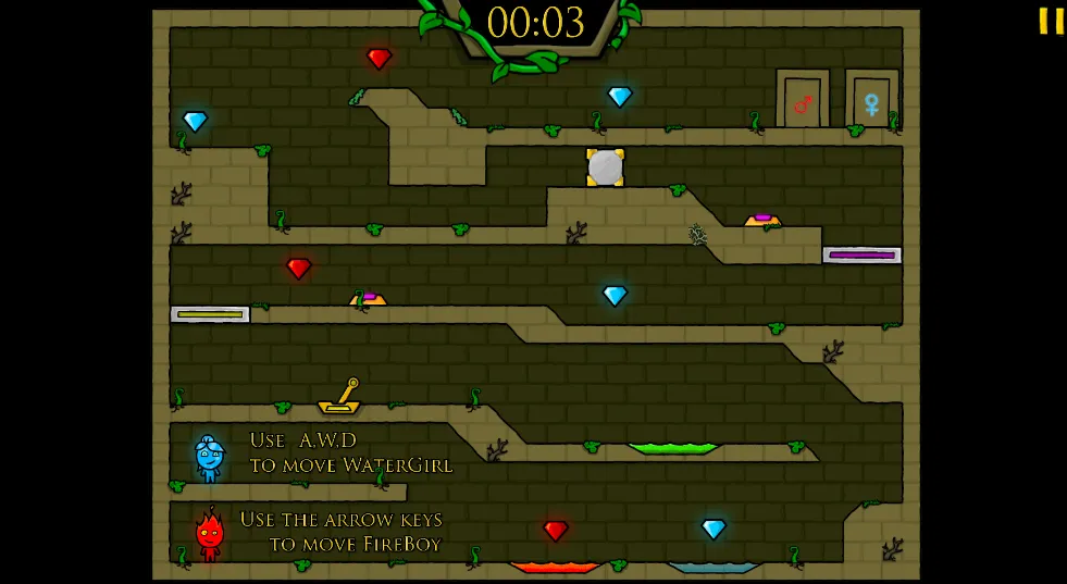 Fireboy and Watergirl 1: Forest Temple gameplay screenshot 2 showing cooperative, puzzle