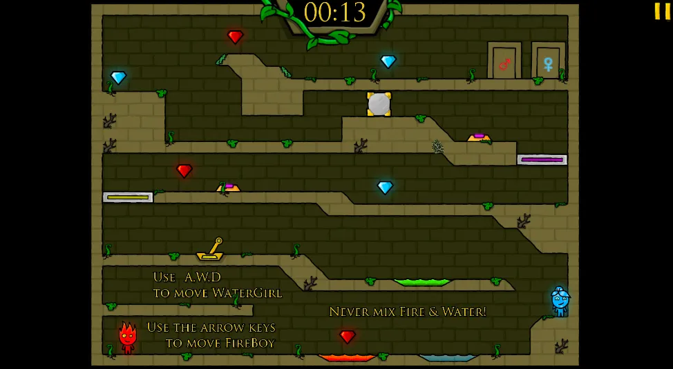 Fireboy and Watergirl 1: Forest Temple gameplay screenshot 3 showing cooperative, puzzle